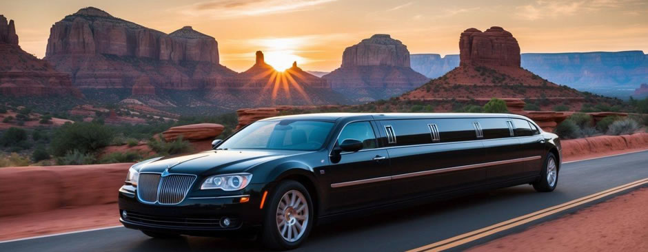 A sleek black limousine drives through the red rock canyons of Sedona, Arizona, with the sun setting in the background