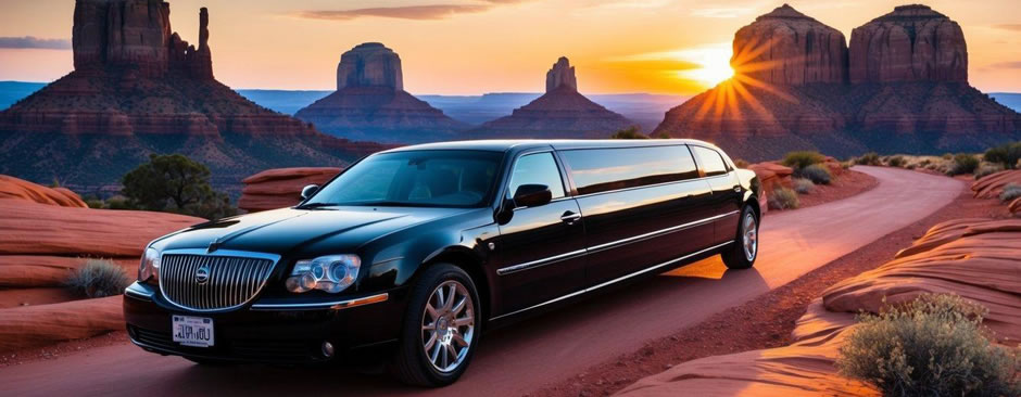 A sleek black limousine winds through the red rock canyons of Sedona, Arizona, with the sun setting behind the towering formations