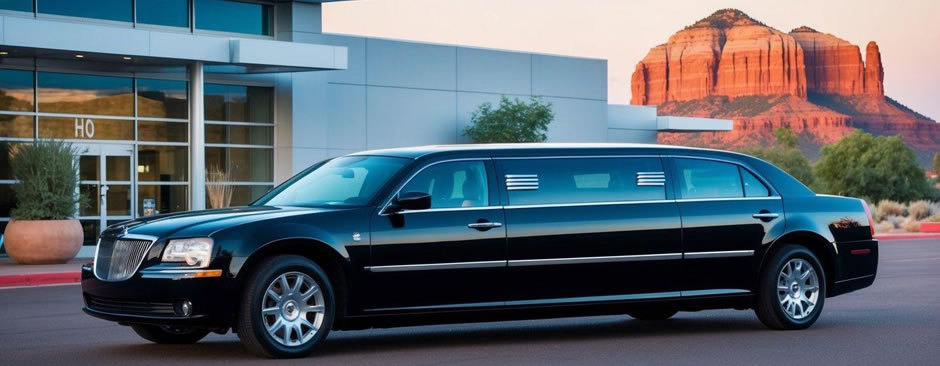 A sleek black limousine waits outside a modern airport terminal, surrounded by the red rock formations of Sedona, Arizona