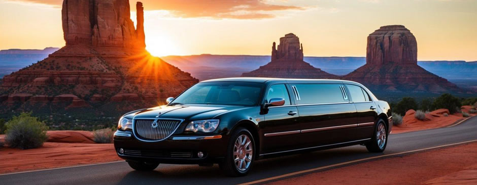 A sleek limousine winds through the red rock formations of Sedona, Arizona, with the sun setting in the background