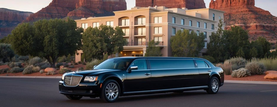 A sleek black limousine parked in front of a luxurious hotel, with a red rock backdrop in Sedona, Arizona