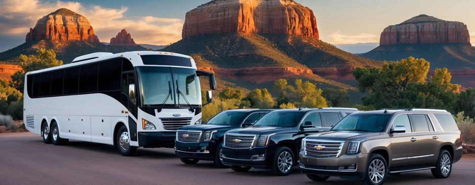 A charter bus and luxury SUVs parked in front of a scenic Sedona backdrop, ready to transport guests to their celebratory event