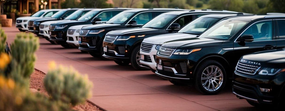 Luxury vehicles lined up outside a picturesque Sedona wedding venue, with red rock formations in the background